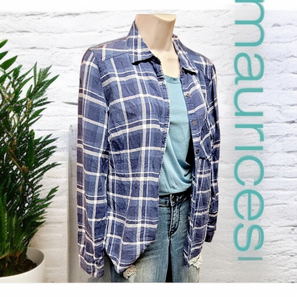 Maurices blue plaid button down shirt size medium